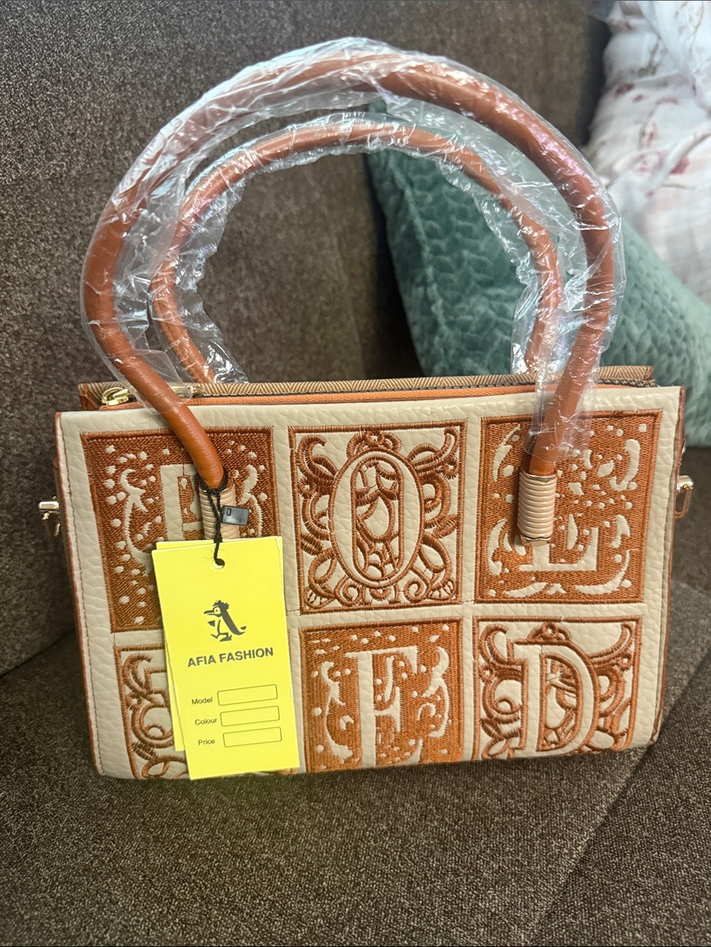 Cream and Brown Embroidered Satchel Handbag